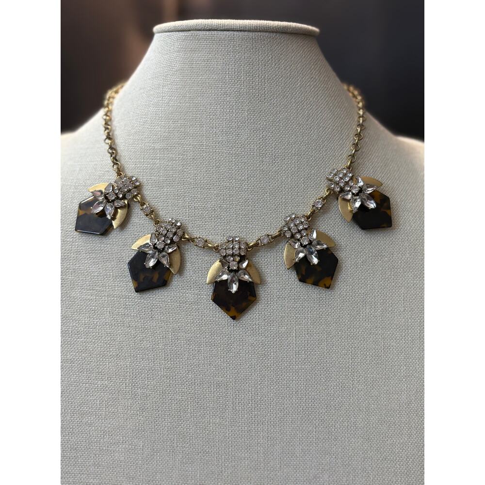 J.Crew Gold Tone Tortoiseshell Rhinestone Statement Necklace Floral Drops
